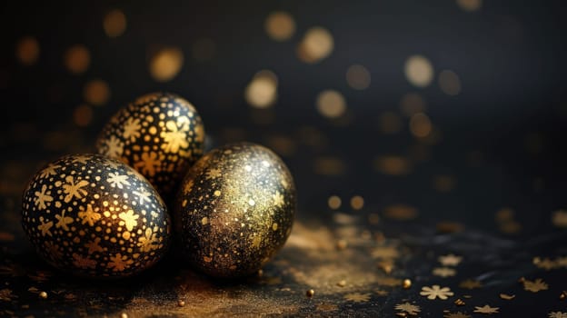 Gold metallic and black Easter Eggs on dark Background. Happy Easter eggs.