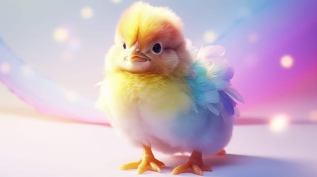 A vibrant chicken with rainbow feathers stands on a pastel rainbow backdrop. Its multicolored feathers contrast beautifully with the soft gradient background, creating a whimsical and cheerful scene.