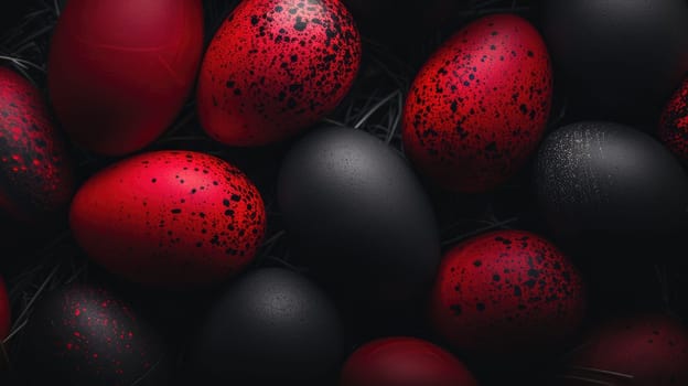 Red and black Easter Eggs on dark Background. Happy Easter eggs.