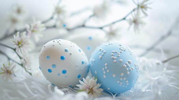 Two blue Easter eggs with white polka dots on light blue background with white babys breath flowers on the left side of the image. Perfect for Easter, spring, or holiday projects.