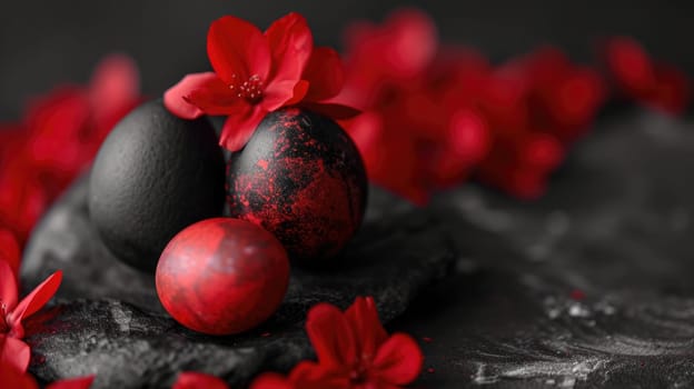 Red and black Easter Eggs on dark Background. Happy Easter eggs.