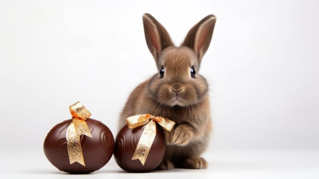 Adorable small brown rabbit behind pile of speckled chocolate Easter eggs. Cute bunny with colorful eggs, festive spring decoration capturing essence of Easter holiday.