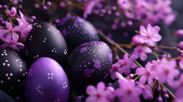 Purple and black Easter Eggs on dark Background. Happy Easter eggs.