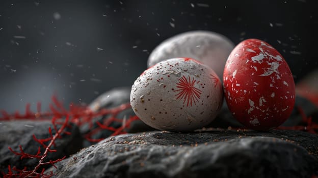 Red and white Easter Eggs on dark Background. Happy Easter eggs.