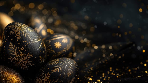 Gold metallic and black Easter Eggs on dark Background. Happy Easter eggs.