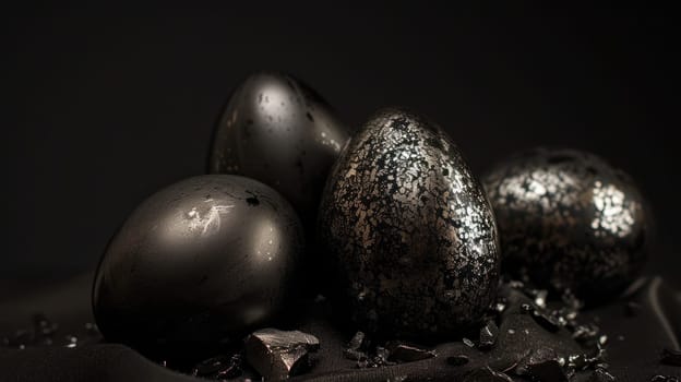 Silver metallic and black Easter Eggs on dark Background. Happy Easter eggs.