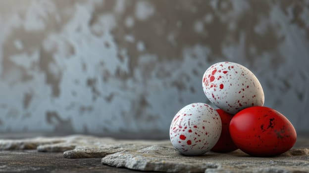 Red and white Easter Eggs on dark Background. Happy Easter eggs.