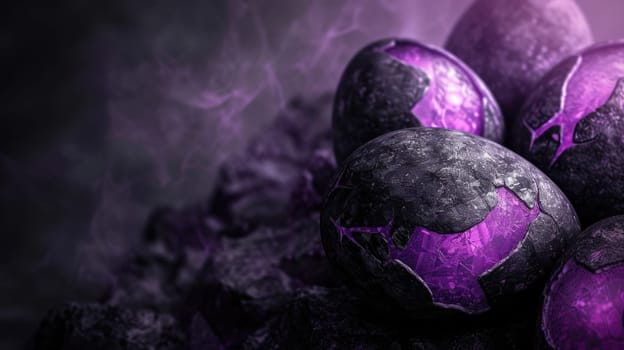 Purple and black Easter Eggs on dark Background. Happy Easter eggs.