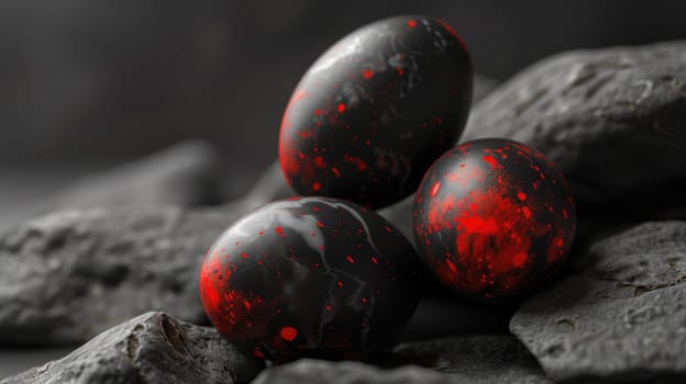 Red and black Easter Eggs on dark Background. Happy Easter eggs.