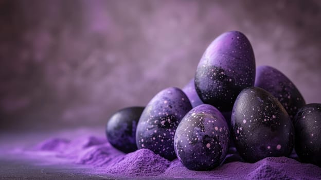 Purple and black Easter Eggs on dark Background. Happy Easter eggs.