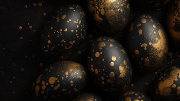 Gold metallic and black Easter Eggs on dark Background. Happy Easter eggs.