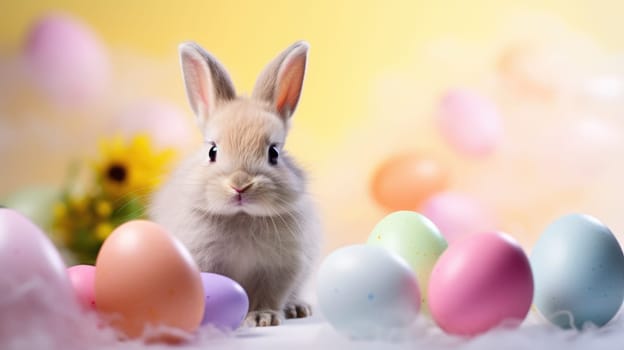 Cute rabbit with colorful Easter eggs on blue background.