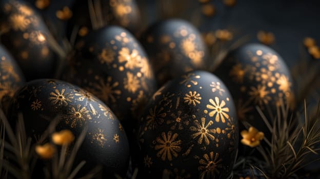 Gold metallic and black Easter Eggs on dark Background. Happy Easter eggs.