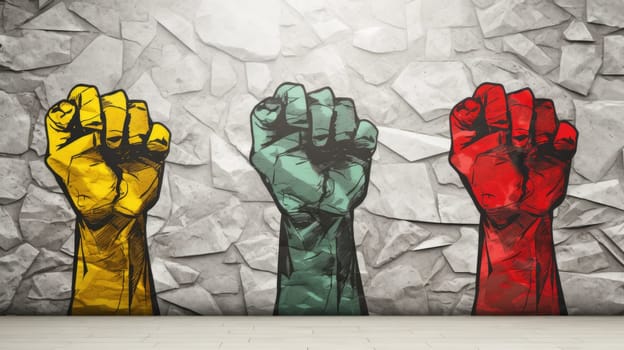 Three raised fists drawing on stone wall in the colors yellow, green, and red. Juneteenth Freedom and African liberation day. Black life matters. Black history month