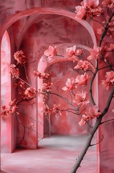 A room with pink walls, arched doorways, and flower branches blooming with petals. The tints and shades of magenta create an artistic atmosphere by the window
