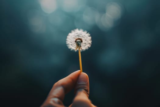 A hand holding a dandelion in a dark blue background. The dandelion is the main focus of the image, and the dark blue background creates a mood of calmness and serenity
