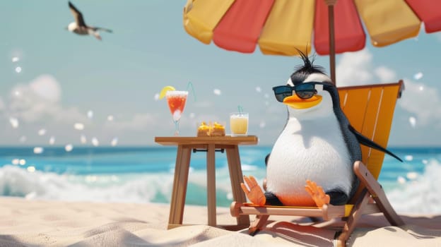 A cartoon penguin is sitting in a beach chair under an umbrella.