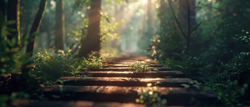 A forest path with a stone walkway.