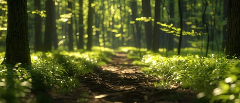 A forest path with a stone walkway.