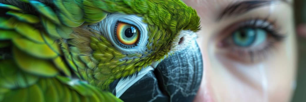 A woman's face is shown with a parrot on her face.