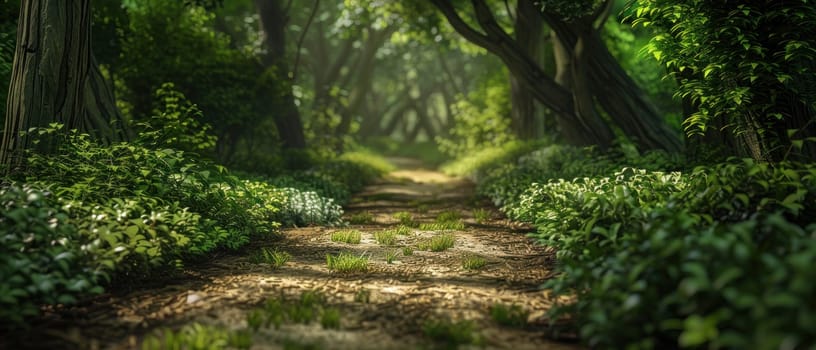 A forest path with a stone walkway.