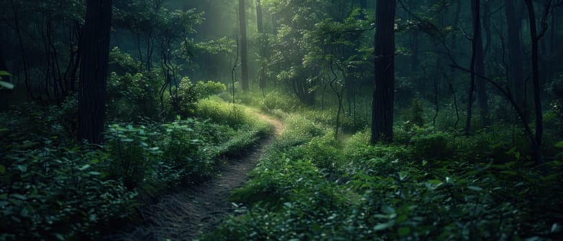 A forest path with a stone walkway.