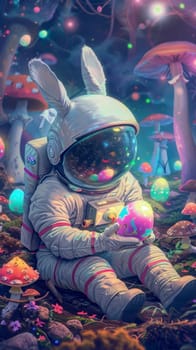 A cartoon of a rabbit in a space suit holding an egg.