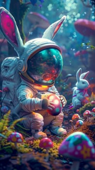 A cartoon of a rabbit in a space suit holding an egg. The rabbit is surrounded by mushrooms and other Easter themed items