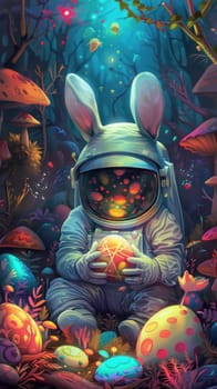 A cartoon of a rabbit in a space suit holding an egg.