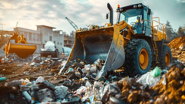 A vehicle equipped with a bulldozer fixture is clearing a pile of trash, creating a cloud of debris. The automotive tire is pushing through the composite material and building materials