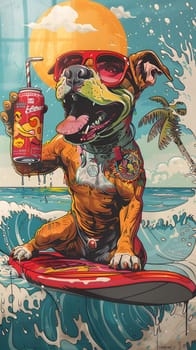 An illustration of a fictional character dog in a hat on a surfboard holding a Coca Cola can. This painting blends art and fiction in a unique visual representation