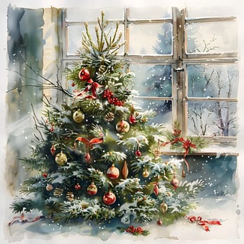 An image featuring a festive Christmas tree with colorful ornaments, positioned in front of a window. The tree branches are adorned with holiday decorations in varying tints and shades