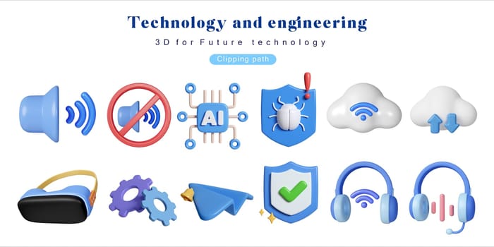 3D Technology Trend Icon Set Micro Chip Robot Arm Smartphone AI Brain Web Human Network Lock.AI robot bot. Chat, chatbot technology, 3d rendering illustration.