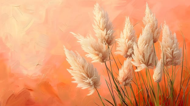 A field of tall grass swaying in the wind against a stunning peachcolored sky. The natural landscape creates a beautiful art piece with the grass as the main focus