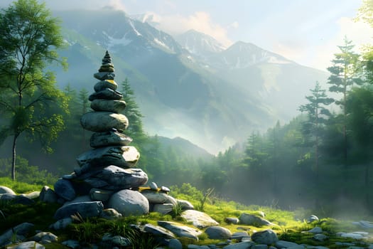 A stack of rocks stands tall amidst a forest, with majestic mountains looming in the background. The sky is scattered with clouds, and trees and plants thrive in this peaceful ecoregion