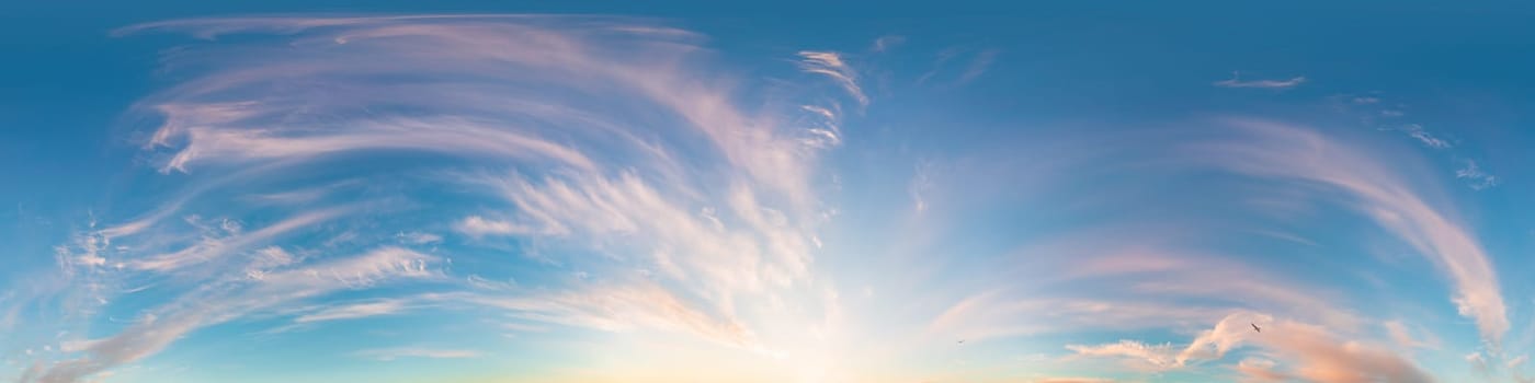 Dark blue sunset sky panorama with pink Cumulus clouds. Seamless hdr 360 pano in spherical equirectangular format. Full zenith for 3D visualization, game, sky replacement for aerial drone panoramas