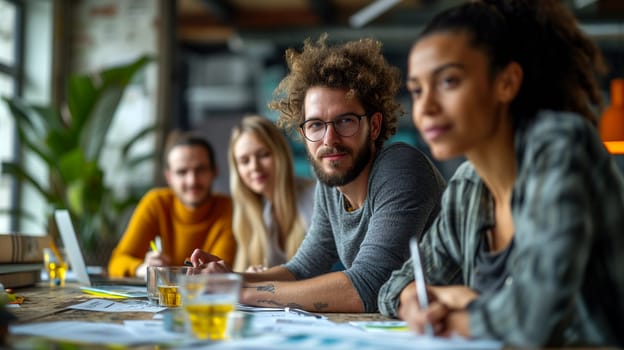 A multiethnic group of young professionals is engaged in a collaborative discussion at a brightly-lit, contemporary office setting, surrounded by project materials and workstations - Generative AI