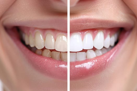 veneers treatment, Yellow Teeth before and after whitening. Happy smiling person. Generation AI.