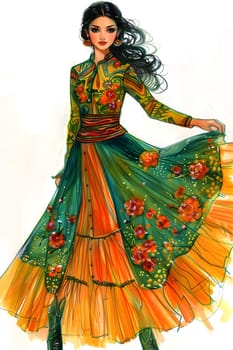 A creative arts fashion design featuring a woman in a green and orange day dress with embellishments. Onepiece garment with sleeve, waist, and stunning shoulder and neck details