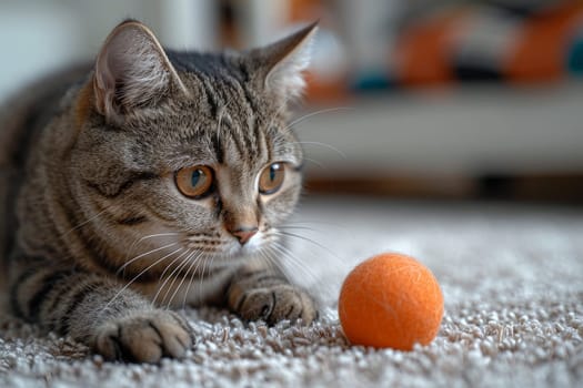 portrait cat play with ball in living room, Funny cat and ball , lovely pet.