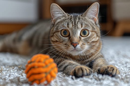 portrait cat play with ball in living room, Funny cat and ball , lovely pet.