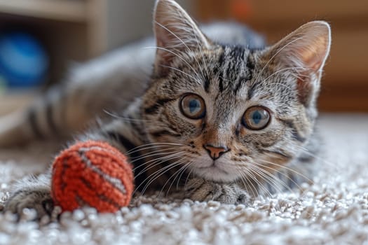 portrait cat play with ball in living room, Funny cat and ball , lovely pet.