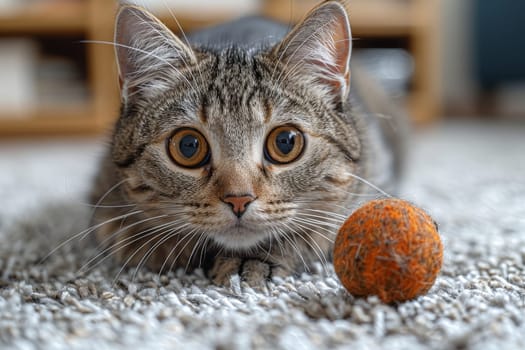 portrait cat play with ball in living room, Funny cat and ball , lovely pet.