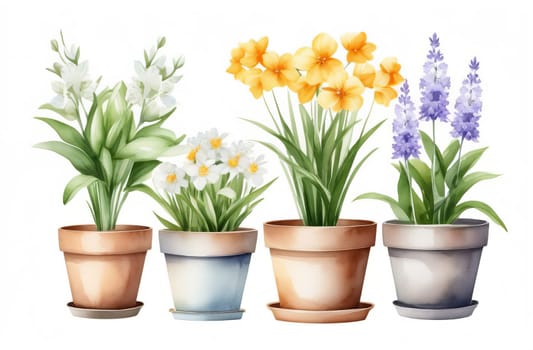 Clipart isolated on white background, spring flowers in pots, watercolor in rustic style. AI generated.