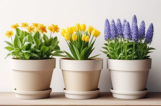 Clipart isolated on white background, spring flowers in pots, watercolor in rustic style. AI generated.