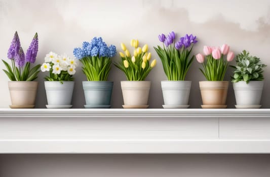 Clipart isolated on white background, spring flowers in pots, watercolor in rustic style. AI generated.