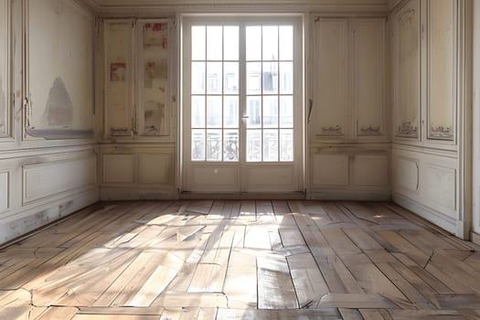 Inside a building, there is an empty room featuring hardwood flooring, a wooden floor stained in a dark shade, and a large window offering natural light