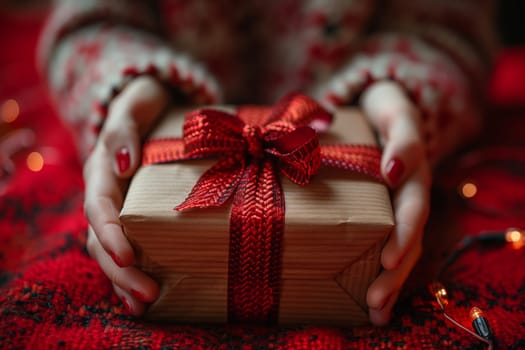 A woman is holding a creatively wrapped Christmas gift with a magenta bow. The ornamented present contrasts beautifully with the carmine background