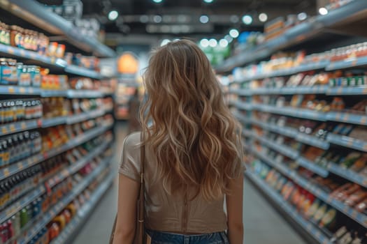 A white woman is navigating the shelving aisles of a retail grocery store, browsing products on the shelves as she shops, with a sleeve reaching her waist in the convenience store