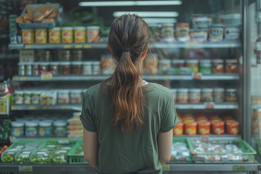 A customer is browsing food items on the shelf in front of a refrigerator at a grocery store, enjoying the convenience and fun of shopping at a retail building
